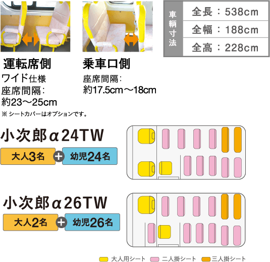 運転席側 ワイド仕様座席間隔：約23?25cm 乗車口側 座席間隔：約17.5cm?18cm ※ シートカバーはオプションです。