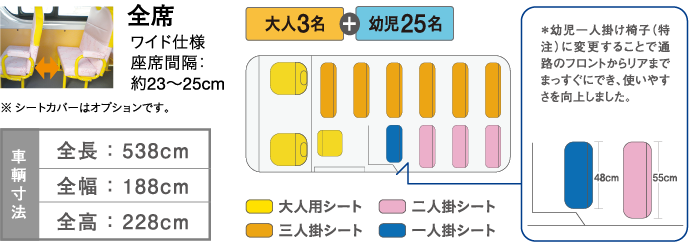 全席 座席間隔：約23cm～25cm ※ シートカバーはオプションです。